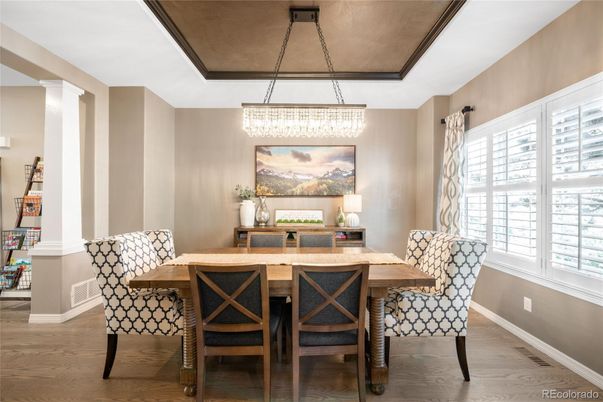 Chandelier, Dining room, Interior, Wood Texture Flooring