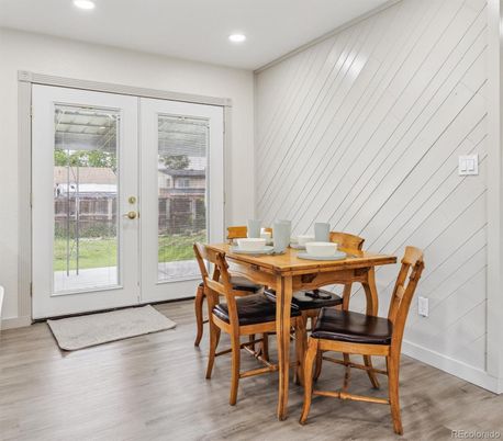 Dining room, Interior, Recessed Lighting, Wood Texture Flooring