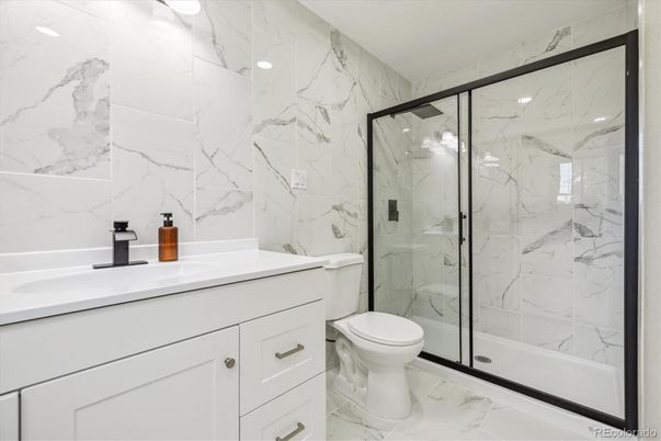 Bathroom, Glass Shower, Interior, Marble, Marble Walls, Recessed Lighting
