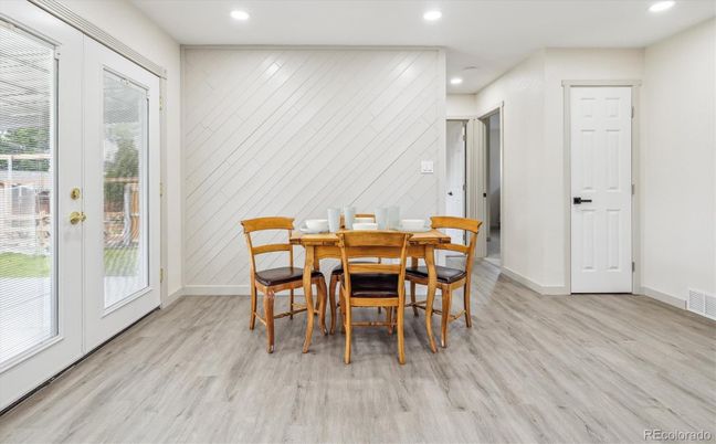 Dining room, Interior, Recessed Lighting, Wood Texture Flooring