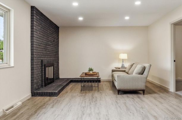 Fireplace, Home Office, Interior, Recessed Lighting, Wood Texture Flooring