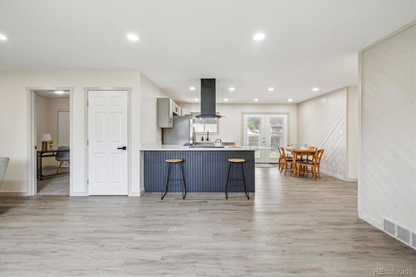 Dining room, Interior, Kitchen, Recessed Lighting, Wood Texture Flooring