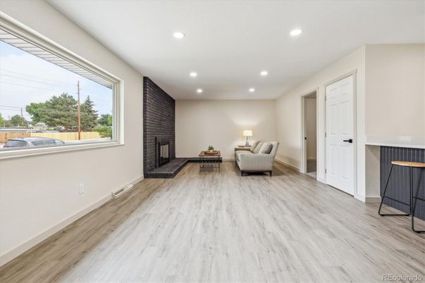 Fireplace, Interior, Recessed Lighting, Wood Texture Flooring