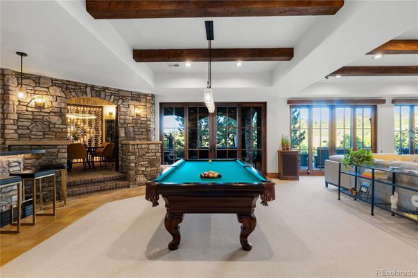 Billiard Table, Game Room, Interior, Pendant Lights, Recessed Lighting, Stone Walls, Wooden Beams