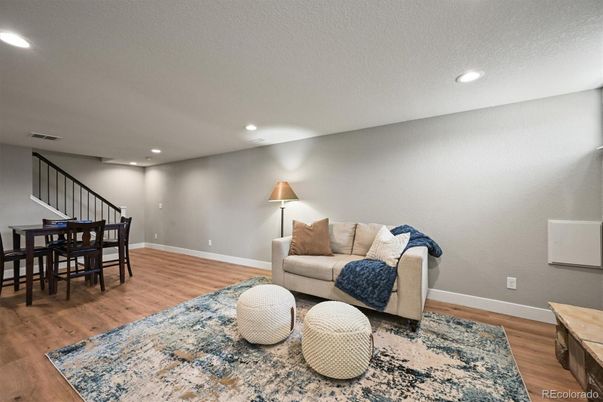 Dining room, Interior, Living room, Recessed Lighting, Wood Texture Flooring