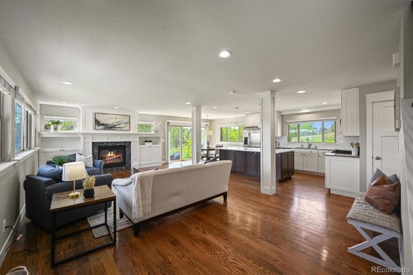Fireplace, Interior, Kitchen, Living room, Pendant Lights, Recessed Lighting, Wood Texture Flooring
