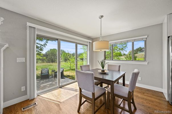Dining room, Interior, Pendant Lights, Wood Texture Flooring