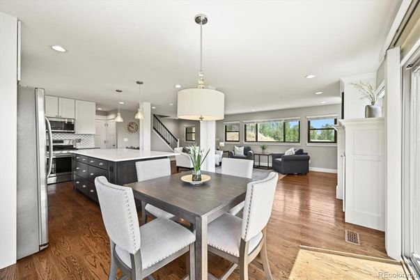 Dining room, Interior, Kitchen, Living room, Pendant Lights, Recessed Lighting, Stainless Steel Appliances, Wood Texture Flooring