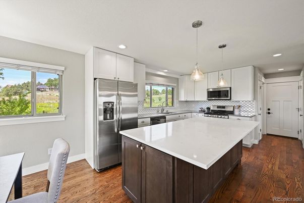 Interior, Kitchen, Pendant Lights, Recessed Lighting, Stainless Steel Appliances, Wood Texture Flooring