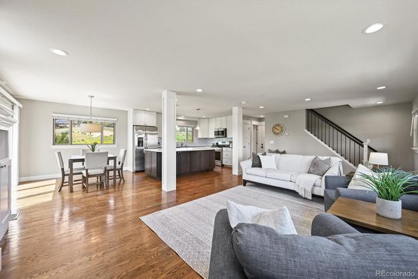 Dining room, Interior, Kitchen, Living room, Pendant Lights, Recessed Lighting, Stainless Steel Appliances, Wood Texture Flooring