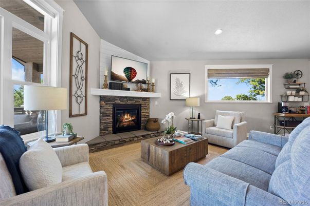 Fireplace, Interior, Living room, Recessed Lighting, Wood Texture Flooring