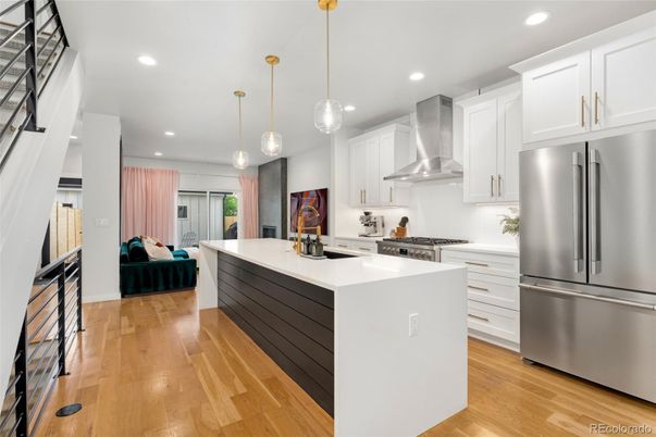 Interior, Kitchen, Pendant Lights, Recessed Lighting, Stainless Steel Appliances, Wood Texture Flooring