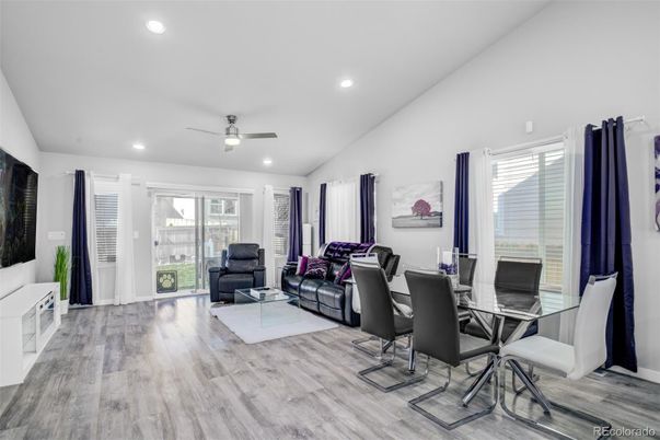 Dining room, Interior, Living room, Recessed Lighting, Wood Texture Flooring