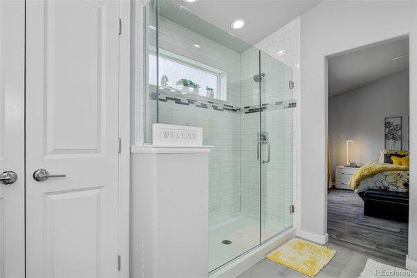 Bathroom, Glass Shower, Interior, Recessed Lighting, Wood Texture Flooring