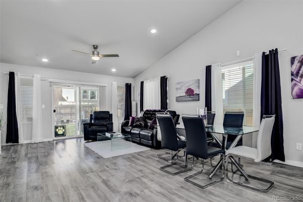 Dining room, Interior, Living room, Recessed Lighting, Wood Texture Flooring