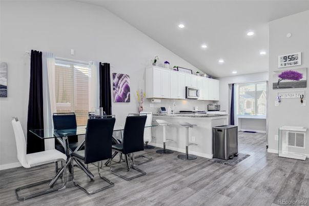 Dining room, Interior, Kitchen, Recessed Lighting, Wood Texture Flooring