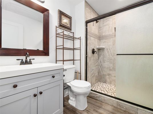 Bathroom, Glass Shower, Interior, Wood Texture Flooring