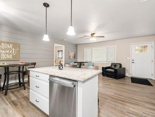 Interior, Kitchen, Pendant Lights, Wood Texture Flooring