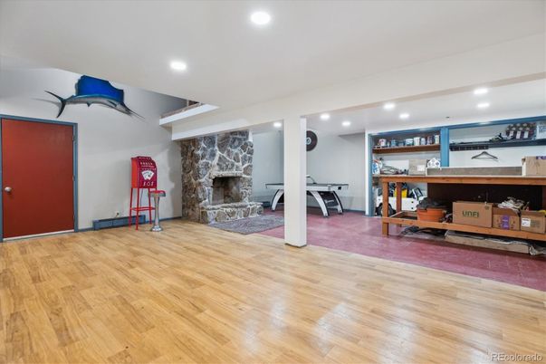 Fireplace, Interior, Recessed Lighting, Wood Texture Flooring