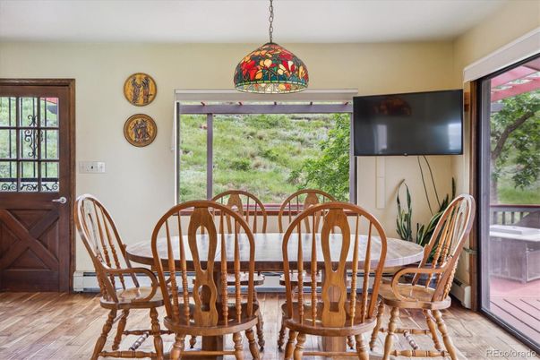 Dining room, Interior, Pendant Lights, Wood Texture Flooring