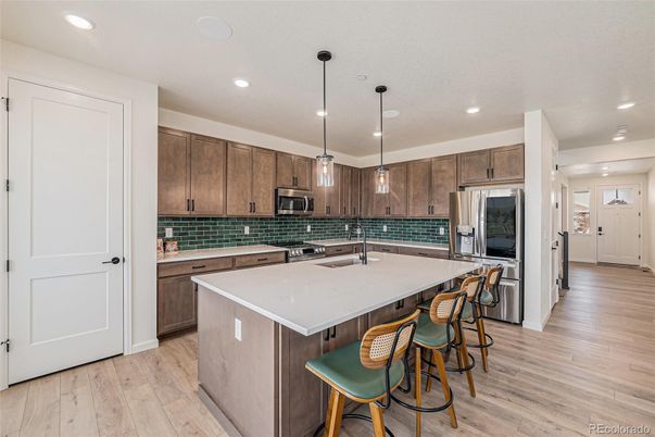 Interior, Kitchen, Pendant Lights, Recessed Lighting, Wood Texture Flooring