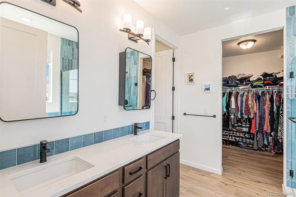 Bathroom, Dual Sink Vanities, Interior, Walk-in Closets, Wood Texture Flooring