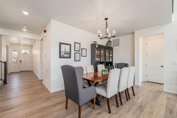Chandelier, Dining room, Interior, Recessed Lighting, Wood Texture Flooring