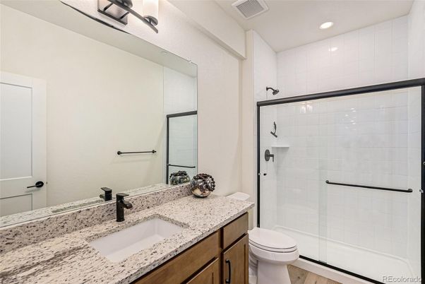 Bathroom, Glass Shower, Interior, Recessed Lighting, Wood Texture Flooring