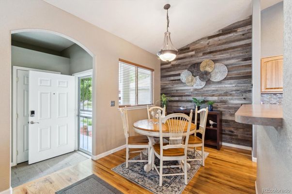 Dining room, Interior, Pendant Lights, Wood Texture Flooring, Wooden Walls