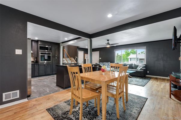Dining room, Interior, Kitchen, Recessed Lighting, Wood Texture Flooring