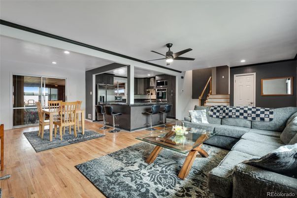Dining room, Interior, Kitchen, Living room, Recessed Lighting, Stainless Steel Appliances, Wood Texture Flooring