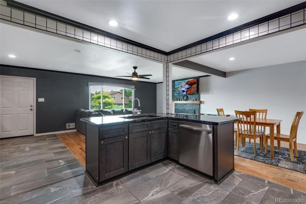 Dining room, Interior, Kitchen, Recessed Lighting, Wood Texture Flooring