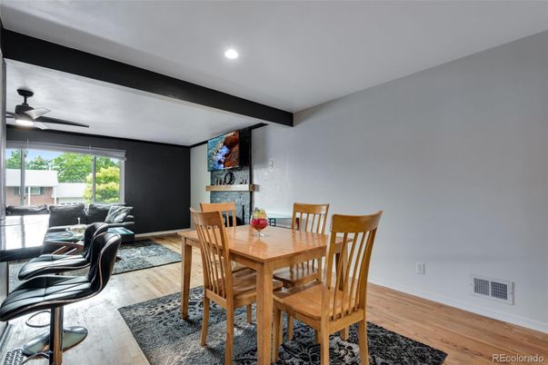 Dining room, Interior, Recessed Lighting, Wood Texture Flooring