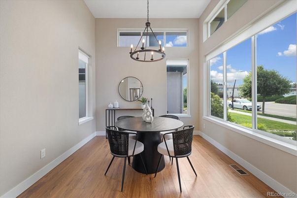 Dining room, Interior, Pendant Lights, Wood Texture Flooring
