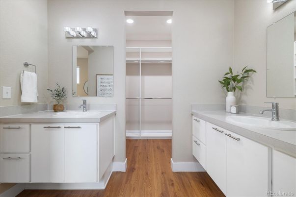 Bathroom, Dual Sink Vanities, Interior, Recessed Lighting, Wood Texture Flooring