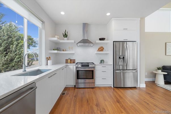Interior, Kitchen, Recessed Lighting, Stainless Steel Appliances, Wood Texture Flooring
