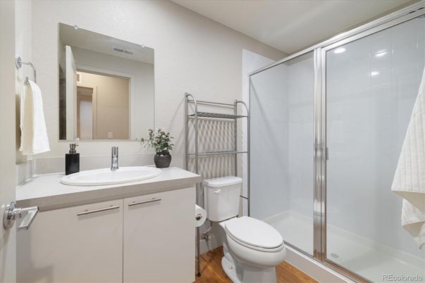 Bathroom, Glass Shower, Interior, Wood Texture Flooring