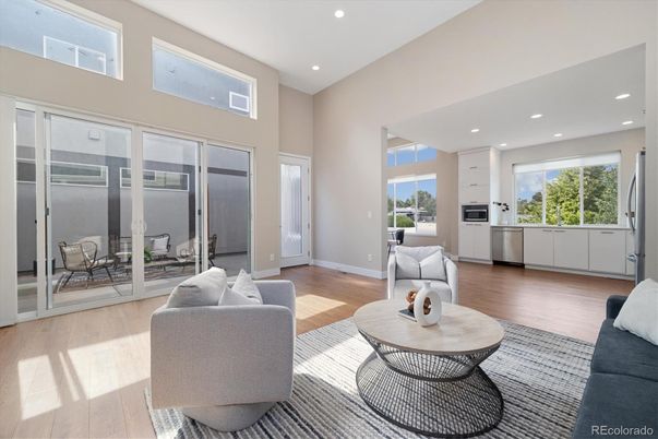 Interior, Kitchen, Living room, Recessed Lighting, Stainless Steel Appliances, Wood Texture Flooring