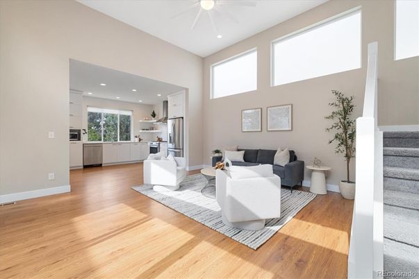 Interior, Kitchen, Living room, Recessed Lighting, Wood Texture Flooring