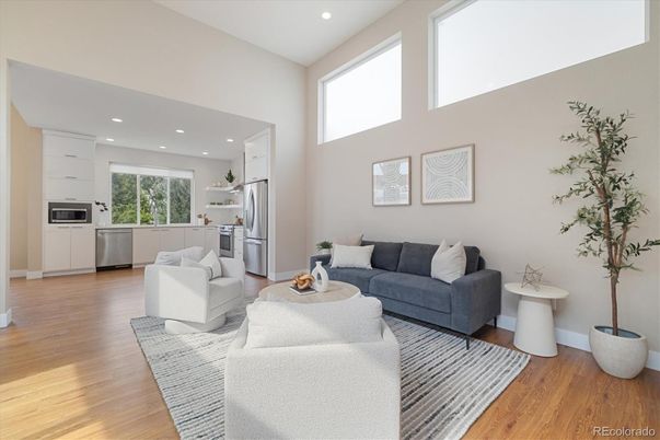 Interior, Kitchen, Living room, Recessed Lighting, Stainless Steel Appliances, Wood Texture Flooring