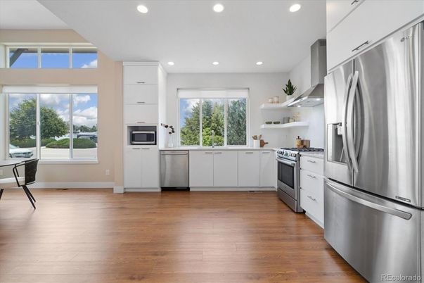 Interior, Kitchen, Recessed Lighting, Stainless Steel Appliances, Wood Texture Flooring
