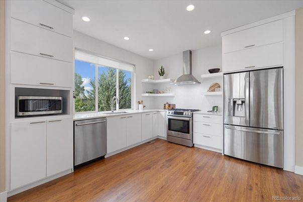 Interior, Kitchen, Recessed Lighting, Stainless Steel Appliances, Wood Texture Flooring