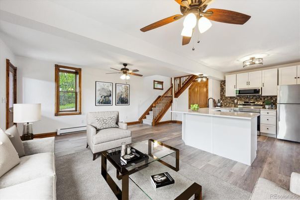 Interior, Kitchen, Living room, Stainless Steel Appliances, Wood Texture Flooring