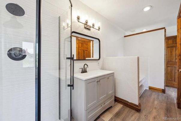Bathroom, Glass Shower, Interior, Recessed Lighting, Wood Texture Flooring