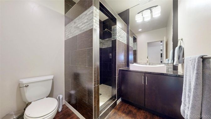 Bathroom, Glass Shower, Interior, Wood Texture Flooring