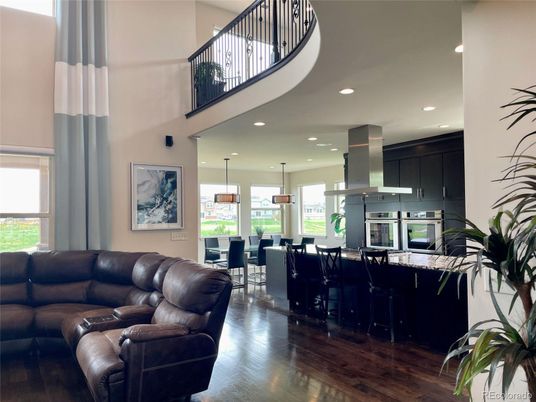 Dining room, Interior, Kitchen, Living room, Pendant Lights, Recessed Lighting, Stainless Steel Appliances, Wood Texture Flooring