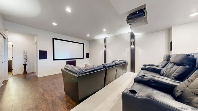 Home Theatre Room, Interior, Projection Screen, Recessed Lighting, Theatre Room, Wood Texture Flooring