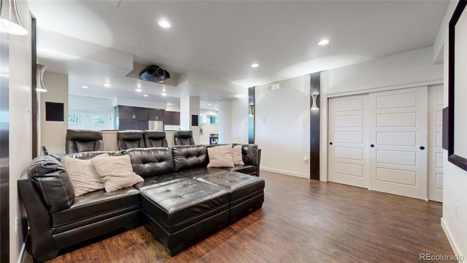 Interior, Kitchen, Living room, Recessed Lighting, Stainless Steel Appliances, Wood Texture Flooring