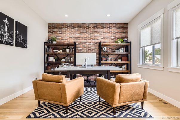 Home Office, Interior, Recessed Lighting, Stone Walls, Wood Texture Flooring