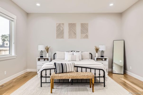 Bedroom, Interior, Recessed Lighting, Wood Texture Flooring